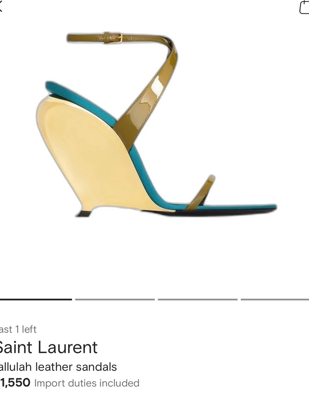 Saint Laurent Gold Patent Wedge Sandals with Teal Footbed